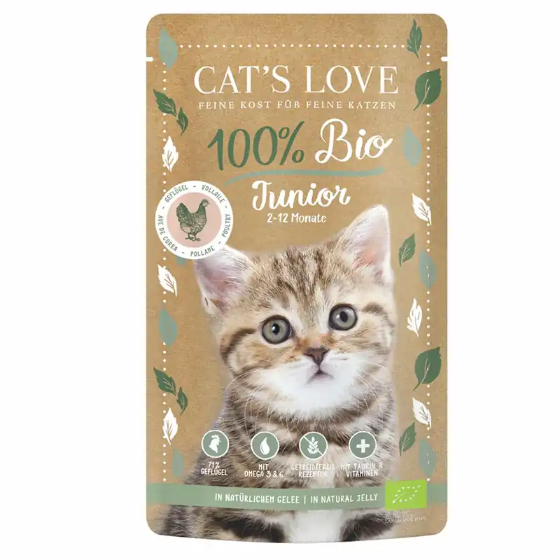 Sparpaket 6 x 100 g Cat's Love 100 % Bio Junior Geflügel Katzen Nassfutter Zertifiziert